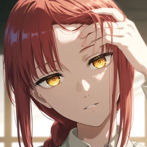 makima, attractive, beautiful, head tilt, hand on hair, showing forehead, closeup, toragao