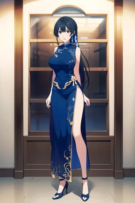  The face is absolutely necessary，I need my whole body，Please draw big breasts with even bigger breasts，Her nipples are wet and can be seen through，can I draw shiny dark blue Chinese clothes，，Standing，（draw a more delicate expression），（Chinese clothes with...