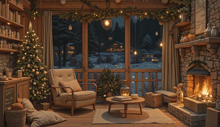 Cozy cabin with fireplace, không có cây Giáng sinhThe scene depicts a Cozy cabin with fireplace, without a rustic cafe Christmas tree, overlooking a beautiful Tranh sơn dầu và acrylic trên vải, một căn bếp của nhà bà ngoại vào ban đêm. Cảnh được dựng theo ...