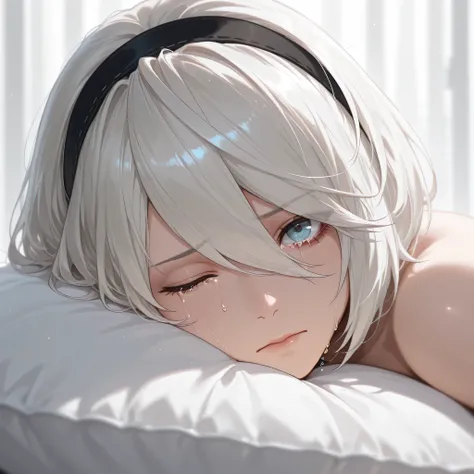 2b nier automata, head lying on white pillow, just woke up, close up, no emotions, crying, tears on one eye, looking at viewer, best quality. perfect, ultra detailed, breathtaking