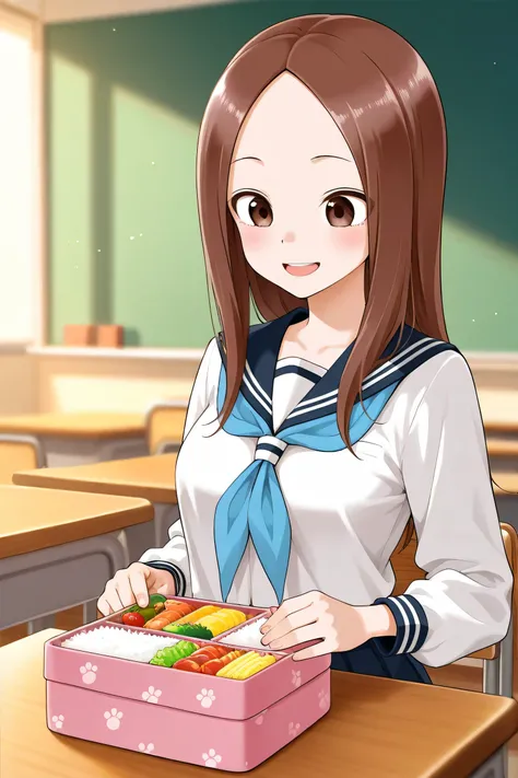 Mr. Takagi eats bento in the classroom
