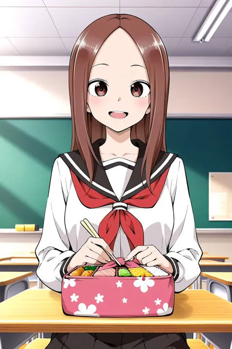 Mr. Takagi eats bento in the classroom