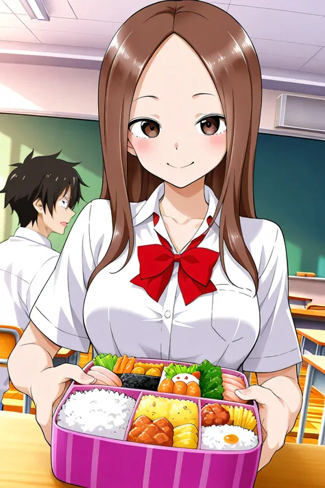 Mr. Takagi eats bento in the classroom