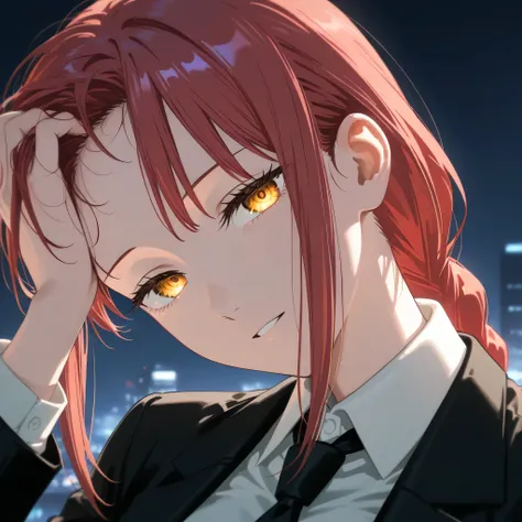 makima, close up, view from front, head tilt, large breast, black suit, looking at viewer, attractive look, hand on hair, showing forehead