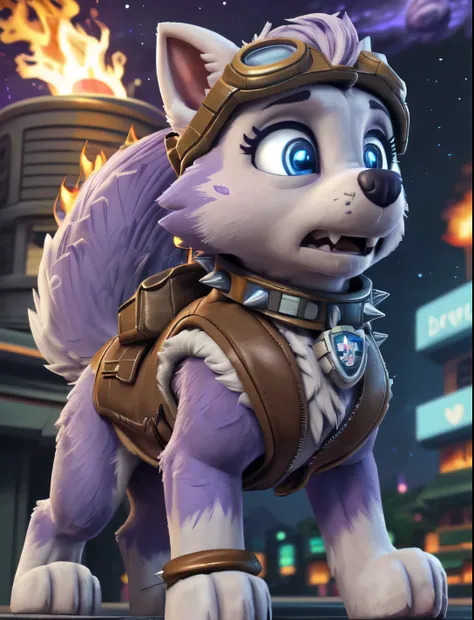 Everest, ((Paw Patrol)), ((female solo)), domestic dog, female, adult female, (blue eyes:1.65), (lavender fur:1.65), ((lavender body)), (feral:1.85), (quadruped: 1.85), ((sharp teeths)), ((large fangs)), (Shiny eyes:1.6), (glowing eyes:1.45), ((Pixar eyes)...