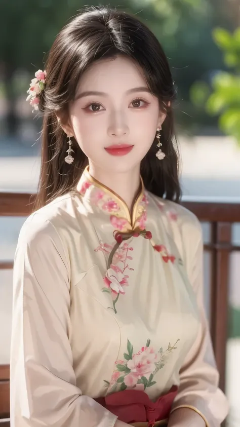 1 beautiful girl,Best quality,HD(painting:1.5),Chest,,Depth of field, Delicate Faces ,Face Focus,(looking at the audience:1.25),Smile,Lips,Real People,cheongsam
