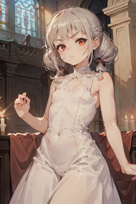 Young girl with gray hair, ((hair with bangs and curls)), ((two short curly pigtails)), curly hair, ((red eyes)), wide hips, ((small bushy eyebrows)), , wearing a wedding dress, ,(with a face of great pleasure, eyes half closed and mouth open),,, ,on the ...