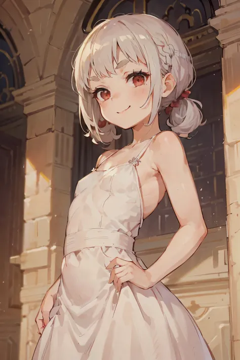Young girl with gray hair, ((hair with bangs and curls)), ((two short curly pigtails)), curly hair, ((red eyes)), wide hips, ((small bushy eyebrows)), , wearing a wedding dress, ,(with a face looking with a love face and a flirtatious smile),,, ,on the al...