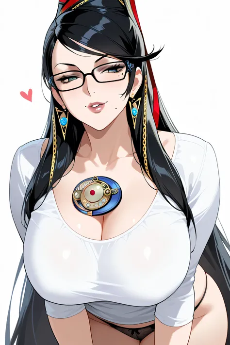 Bayonetta, a mature woman ,black hair, Very long hair, glasses, green eyes, mole under the eye, big breasts,large white fitted shirt highlighting her chest, visible black panties ,flirty smile seductive expression, white background , Just Alone,Masterpiece...