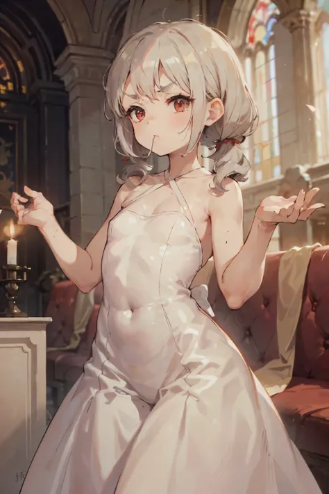 Young girl with gray hair, ((hair with bangs and curls)), ((two short curly pigtails)), curly hair, ((red eyes)), wide hips, ((small bushy eyebrows)), , wearing a wedding dress, ,(with a face of great pleasure, eyes half closed and mouth open),,, ,on the ...