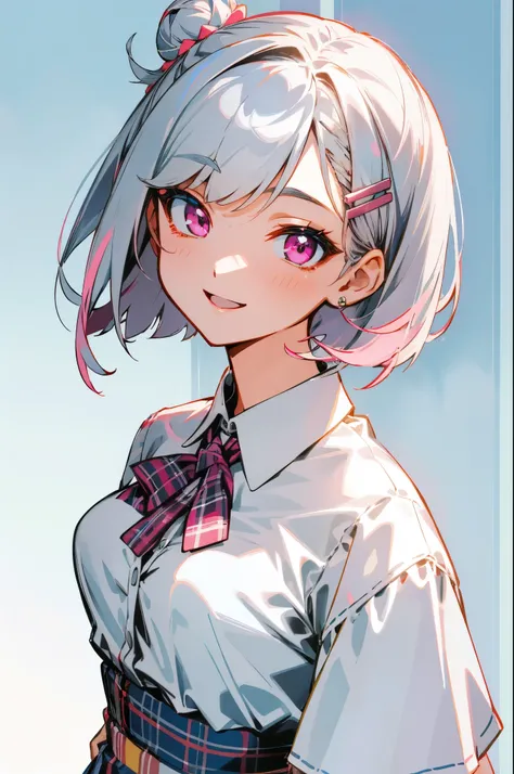 masterpiece、Top quality、Silver Bob's Short Hair、Bun Hair with Hair Clips、pink eyes、Small Breasts、white blouse shirt、Plaid Skirt、upper body、from above、staring at the viewer、Smiling、 I'm opening my mouth wide、Country Style Village