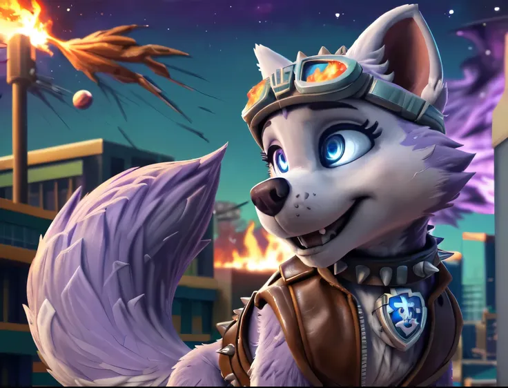 Everest, ((Paw Patrol)), ((female solo)), domestic dog, female, adult female, (blue eyes:1.65), (lavender fur:1.65), ((lavender body)), (feral:1.85), (quadruped: 1.85), ((sharp teeths)), ((large fangs)), (Shiny eyes:1.6), (glowing eyes:1.45), ((Pixar eyes)...