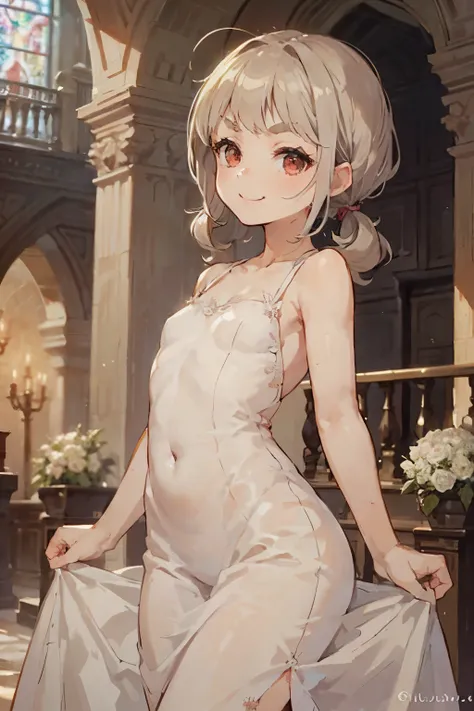 Young girl with gray hair, ((hair with bangs and curls)), ((two short curly pigtails)), curly hair, ((red eyes)), wide hips, ((small bushy eyebrows)), , wearing a wedding dress, ,(with a face looking with a love face and a flirtatious smile),,, ,on the al...