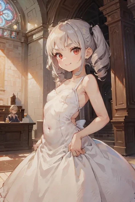 Young girl with gray hair, ((hair with bangs and curls)), ((two short curly pigtails)), curly hair, ((red eyes)), wide hips, ((small bushy eyebrows)), , wearing a wedding dress, ,(with a face looking with a love face and a flirtatious smile),,, ,on the al...