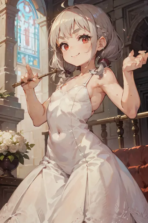 Young girl with gray hair, ((hair with bangs and curls)), ((two short curly pigtails)), curly hair, ((red eyes)), wide hips, ((small bushy eyebrows)), , wearing a wedding dress, ,(with a face looking with a love face and a flirtatious smile),,, ,on the al...