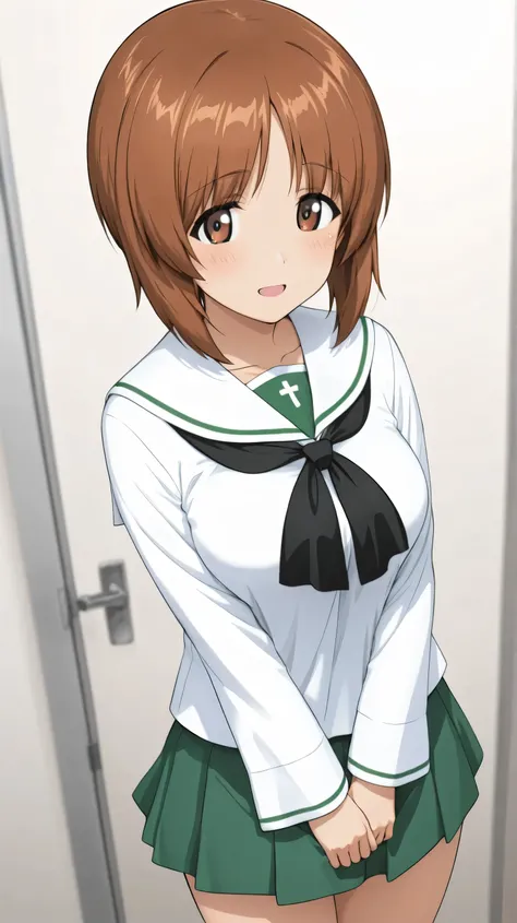 nishizumi miho,ooarai school uniform,black tie,cowboy shot, 
