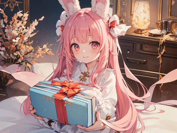 Please generate an image:a girl,with a gentle smile,Slightly flushed cheeks,with a pair of cute rabbit ears on her head,holding a beautifully packaged gift box with both hands。Coral dragon horns adorn it, Create a dream 、cozy atmosphere,Picture style is of...