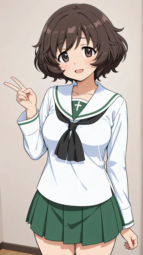 akiyama yukari,ooarai school uniform,black tie,cowboy shot, 
