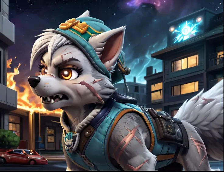 Gasket, ((Paw Patrol)), ((female solo)), domestic dog, female, adult female, (brown eyes:1.45), (gray fur:1.65), (gray body:1.65), (wearing aqua vest:1.85), (wearing winter aqua hat:1.25), (large breasts:1.25), (hair over eyes:1.25), (white hair:1.25), (fe...