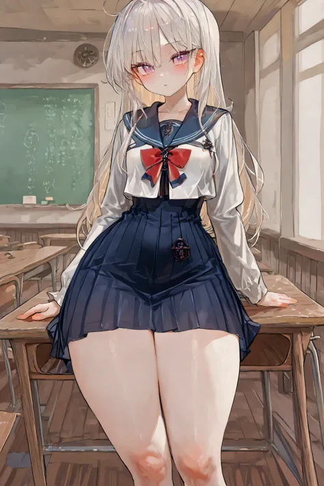 A petite Japanese schoolgirl with a slender, delicate frame sits on a wooden school desk, wearing a fitted navy blue sailor uniform. Her blouse gently contours her modest bust (small but natural for her age), emphasizing her narrow waist. The short pleated...