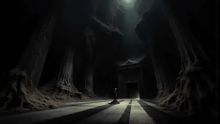 A figure standing on a huge, Huge hall, are shrouded in the dark, emphasizes the dramatic effects of light and shadow. high, 雄伟的柱子和high拱形的拱门环绕着这个Character, The overall atmosphere. Character, and, . The grandeur of style, casting a long shadow,extends over...