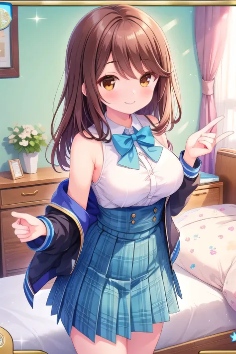 (masterpiece, best quality), highly detailed background, perfect quality, shiina kokomi, solo, brown hair, long hair, brown eyes, breasts, blue jacket, white shirt, blue bowtie, blue skirt, plaid skirt, smile, happy, fully shoulders, big breasts, room,