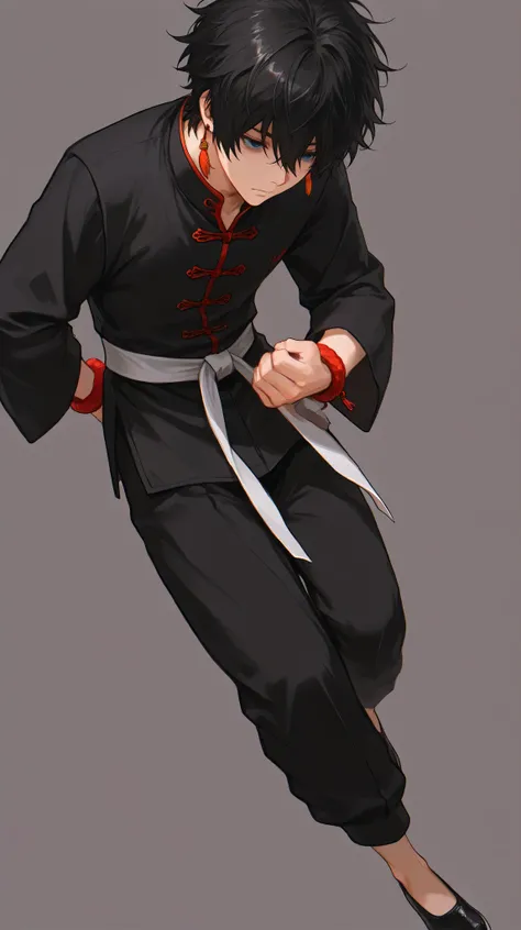 One male, short hair, messy hair, black hair, tired eyes, lazy look, blue eyes, red chinese lantern earrings, traditional martial artist uniform, black uniform, chinese lucky bracelets, red bracelets, black traditional chinese pants, white martial belt, ku...