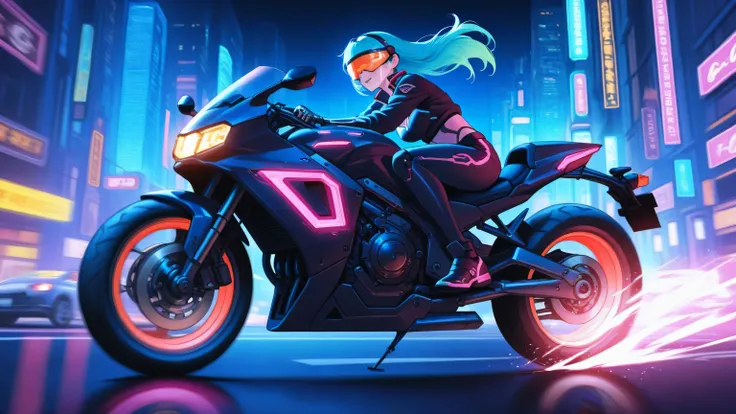 "A cybernetic anime-style woman racing through a neon-lit cyberpunk city at night, riding a futuristic motorcycle at high speed, glowing signs and towering skyscrapers in the background, wearing a visor and high-tech mechanical limbs, dynamic motion blur, ...