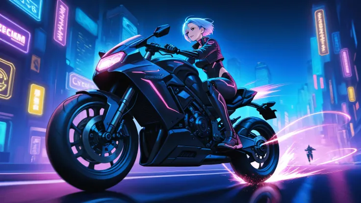 "A cybernetic anime-style woman racing through a neon-lit cyberpunk city at night, riding a futuristic motorcycle at high speed, glowing signs and towering skyscrapers in the background, wearing a and high-tech mechanical limbs, dynamic motion blur, energe...