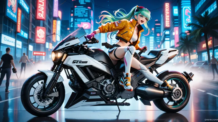"A cybernetic anime-style woman racing through a neon-lit cyberpunk city at night, riding a futuristic motorcycle at high speed, glowing signs and towering skyscrapers in the background, wearing a and high-tech mechanical limbs, dynamic motion blur, energe...