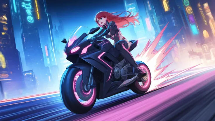 "A cybernetic anime-style woman racing through a neon-lit cyberpunk city at night, riding a futuristic motorcycle at high speed, glowing signs and towering skyscrapers in the background, wearing a and high-tech mechanical limbs, dynamic motion blur, energe...