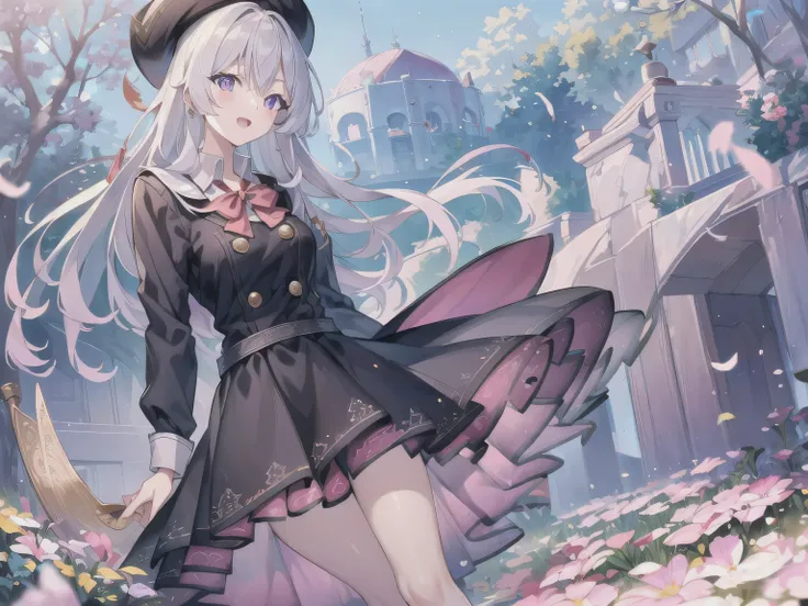 WHellote hair, long hair,( purple eyes:1.5), ( large :1.2),pure wHellote background,
1 girl, school uniforms, df black shoes, open mouth , outdoor,wind, Game CG Break,,( Masterpiece), (best quality), (super detailed), very beautiful, Newest, Beauty ...