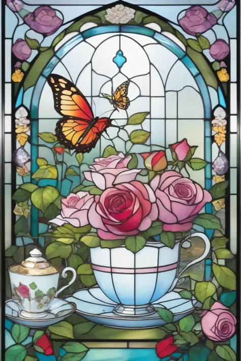 garden、Rose、Wonderland、 tea party、jigsaw puzzle design、stained glass style、glass style 