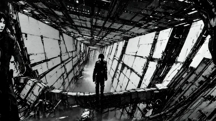 solo,blame, tsutomu nihei, by tsutomu nihei,movie, killy, GBE,1boy ,ova, short hair, black hair,standing in a vast dystopian megastructure, inspired by Tsutomu Nihei's BLAME!,wearing a sleek black tactical exosuit with modular armor plates and complex belt...