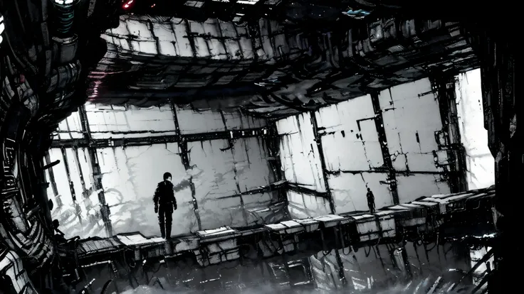 solo,blame, tsutomu nihei, by tsutomu nihei,movie, killy, GBE,1boy ,ova, short hair, black hair,standing in a vast dystopian megastructure, inspired by Tsutomu Nihei's BLAME!,wearing a sleek black tactical exosuit with modular armor plates and complex belt...