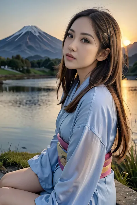 best quality, masterpiece, extremely detailed, detailed background, detailed eyes, anime, 1girl, beautiful eyes, young girl, long hair girl, expressive face, kimono, retro, mount fuji lansdscape, outdoors, sunset, beautiful sky, lake picnic, landscape, sce...