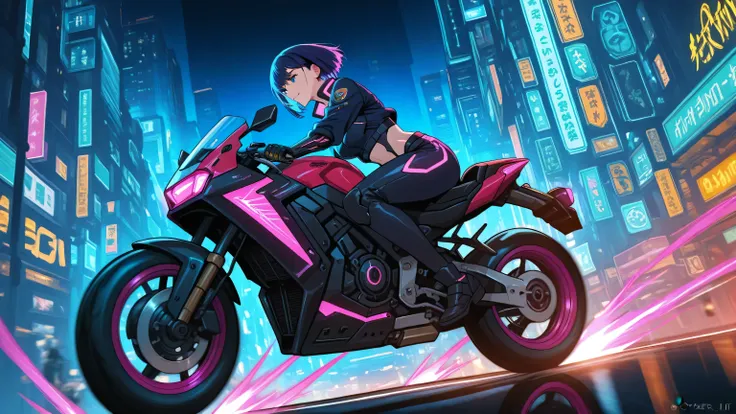 "A cybernetic anime-style woman racing through a neon-lit cyberpunk city at night, riding a futuristic motorcycle at high speed, glowing signs and towering skyscrapers in the background, wearing a and high-tech mechanical limbs, dynamic motion blur, energe...