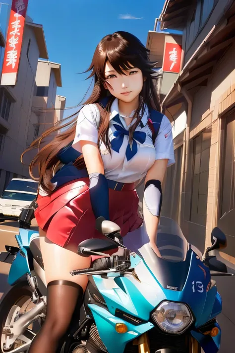 Japanese women in school uniforms posing on motorbikes, beautiful high school girl shedding tears, mini skirt、ponytail、white panties、a hyper REAL SCHOOLGIRLS , hyper REAL SCHOOLGIRLS , anime girl in real life, fleet Korekushon style, Charming Anime Girls, ...