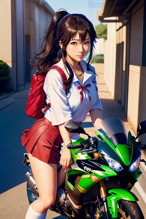 Japanese woman in school uniform posing on motorbike, beautiful high school girl shedding tears, mini skirt、ponytail、white panties、Kawasaki Ninja、Ninja250、Ninja KRT Green、a hyper REAL SCHOOLGIRLS , hyper REAL SCHOOLGIRLS , anime girl in real life, fleet Ko...