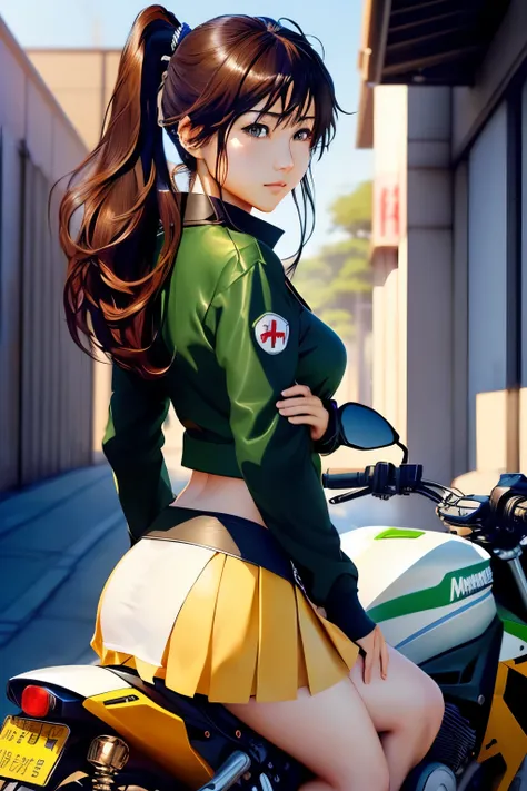 Japanese woman in school uniform posing on motorbike, beautiful high school girl shedding tears, mini skirt、ponytail、white panties、Kawasaki Ninja、Ninja250、Ninja KRT Green、a hyper REAL SCHOOLGIRLS , hyper REAL SCHOOLGIRLS , anime girl in real life, fleet Ko...