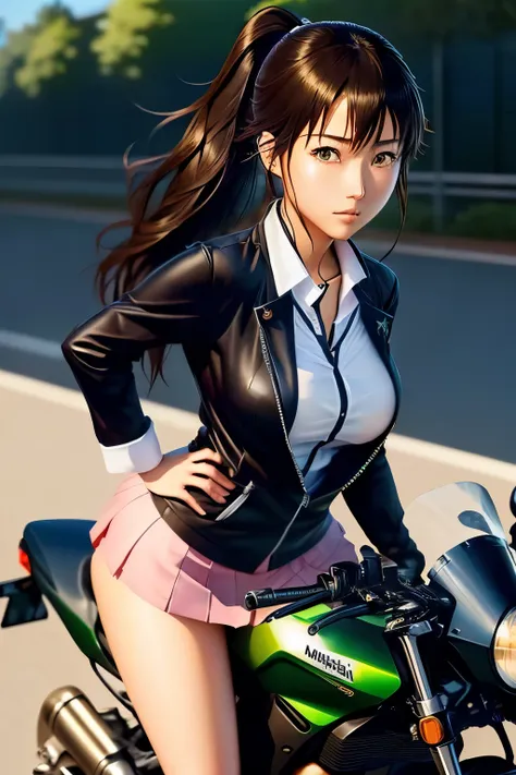 Japanese woman in school uniform posing on motorbike, beautiful high school girl shedding tears, mini skirt、ponytail、white panties、Kawasaki Ninja、Ninja250、Ninja KRT Green、a hyper REAL SCHOOLGIRLS , hyper REAL SCHOOLGIRLS , anime girl in real life, fleet Ko...