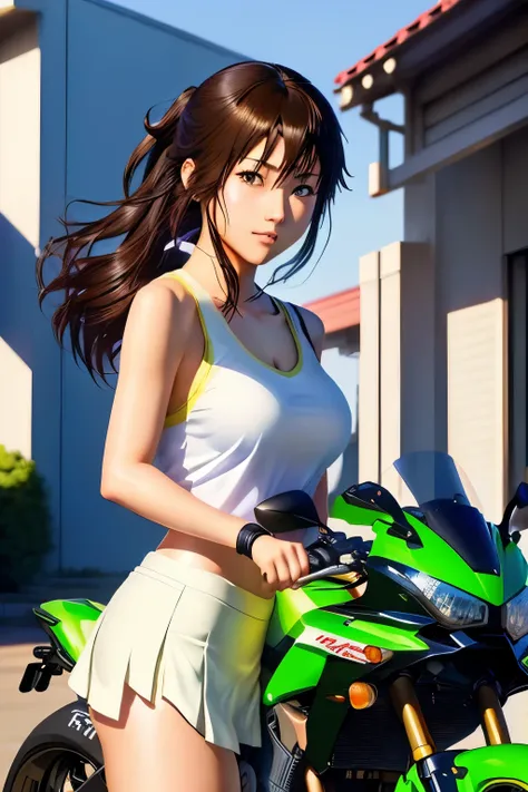 Japanese woman in school uniform posing on motorbike, beautiful high school girl shedding tears, mini skirt、ponytail、white panties、Kawasaki Ninja、Ninja250、Ninja KRT Green、a hyper REAL SCHOOLGIRLS ,leather tank top、 hyper REAL SCHOOLGIRLS , anime girl in re...