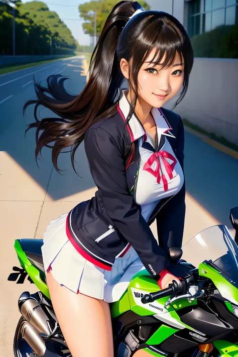 Japanese woman in school uniform posing on motorbike, beautiful high school girl shedding tears, mini skirt、ponytail、white panties、Kawasaki Ninja、Ninja250、Ninja KRT Green、a hyper REAL SCHOOLGIRLS , hyper REAL SCHOOLGIRLS , Charming Anime Girls, Anime Girl...
