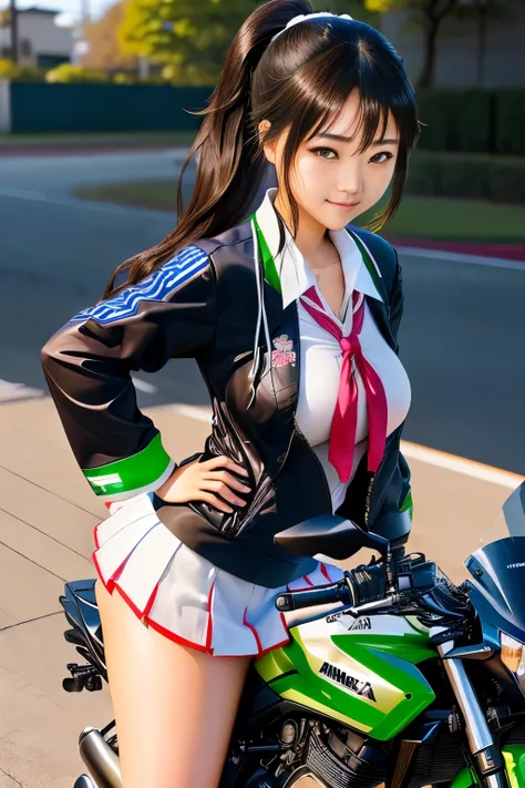 Japanese woman in school uniform posing on motorbike, beautiful high school girl shedding tears, mini skirt、ponytail、white panties、Kawasaki Ninja、Ninja250、Ninja KRT Green、a hyper REAL SCHOOLGIRLS , hyper REAL SCHOOLGIRLS , Charming Anime Girls, Anime Girl...