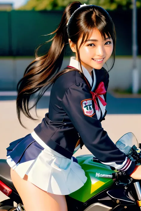 Japanese woman in school uniform posing on motorbike, beautiful high school girl shedding tears, mini skirt、ponytail、white panties、Kawasaki Ninja、Ninja250、Ninja KRT Green、a hyper REAL SCHOOLGIRLS , hyper REAL SCHOOLGIRLS , Charming Anime Girls, Anime Girl...