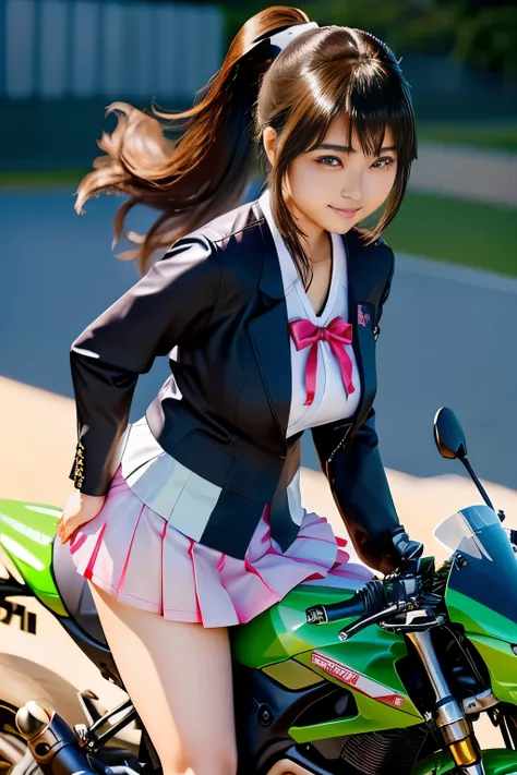 Japanese woman in school uniform posing on motorbike, beautiful high school girl shedding tears, mini skirt、ponytail、white panties、Kawasaki Ninja、Ninja250、Ninja KRT Green、a hyper REAL SCHOOLGIRLS , hyper REAL SCHOOLGIRLS , Charming Anime Girls, Anime Girl...