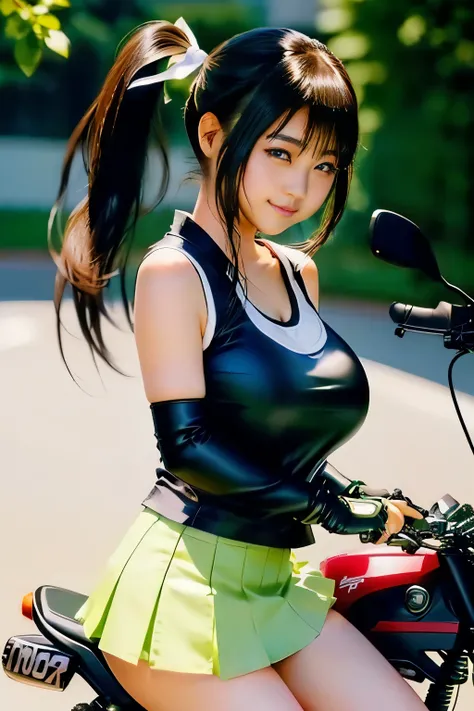 Japanese woman in school uniform posing on motorbike, beautiful high school girl shedding tears, mini skirt、ponytail、white panties、Kawasaki Ninja、Ninja250、Ninja KRT Green、a hyper REAL SCHOOLGIRLS , leather tank top、hyper REAL SCHOOLGIRLS , Charming Anime ...