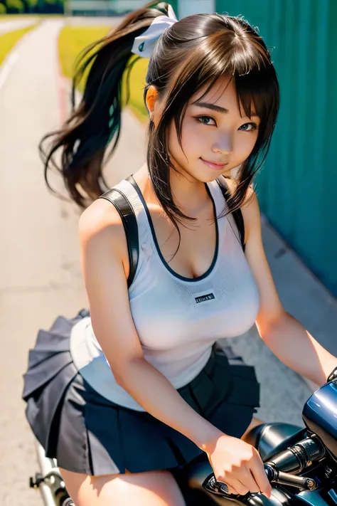 Japanese woman in school uniform posing on motorbike, beautiful high school girl shedding tears, mini skirt、ponytail、white panties、Kawasaki Ninja、Ninja250、Ninja KRT Green、a hyper REAL SCHOOLGIRLS , leather tank top、hyper REAL SCHOOLGIRLS , Charming Anime ...