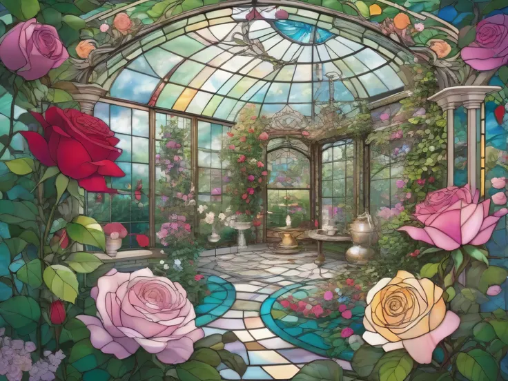 garden、Rose、Wonderland、 tea party、jigsaw puzzle design、stained glass style、glass style 