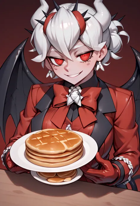 Beelzebub in her gothic ta costume, sitting at a red-tiled kitchen table covered in stacks of pancakes, warm morning light shining through a broken infernal window, black spider wings gently folded behind her, a smug smile on her face, semi-realistic paint...